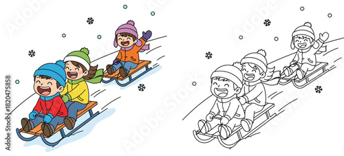 Happy cartoon children sledding down a snowy hill in winter vector illustration featuring black and white coloring book page outline for kids educational activity and leisure fun.