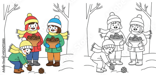 Happy children collecting pinecones in winter snow vector illustration including black and white coloring book page outline for kids educational activity and nature play.
