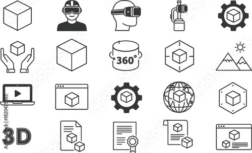 Collection of 3 D modeling and virtual reality icons with cubes and technology elements