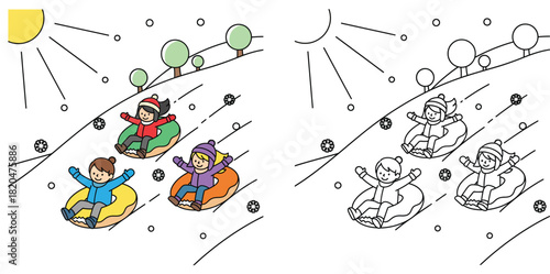 Happy children snow tubing down a hill in winter vector illustration with black and white coloring page outline for kids educational activity and leisure fun.