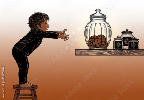 A small child stands on a wooden stool reaching for a cookie jar.