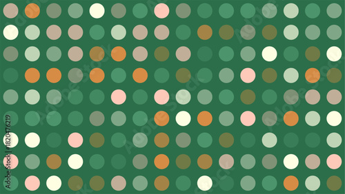 Abstract pattern of colorful circles on a green background.
