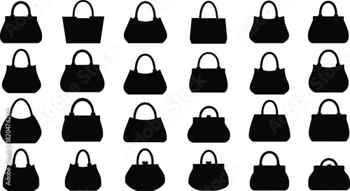 Collection of black handbag silhouettes in various styles and shapes purse