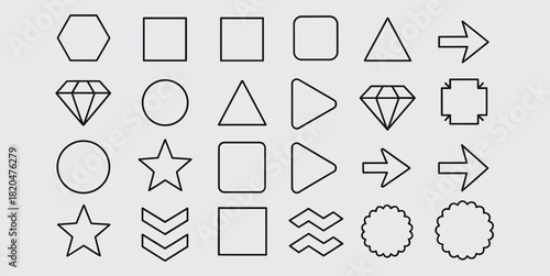 Collection of black outline geometric shapes and symbols on a light gray background