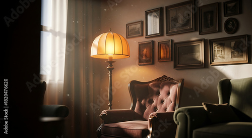 Vintage armchair with ornate lamp and framed art on wall.