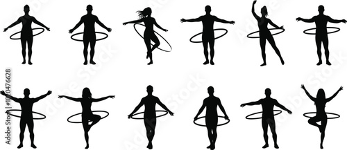 Collection of black silhouettes of men and women hula hooping and posing people