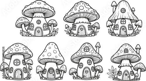 Collection of eight whimsical black and white mushroom houses with windows and doors