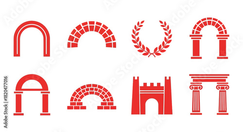 Red arches vector set architecture design elements historical icons set