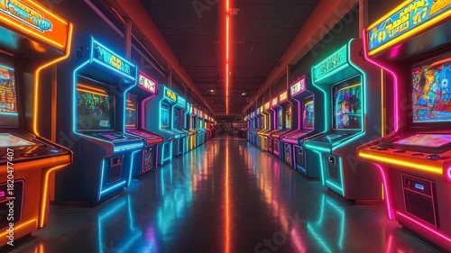 Wallpaper Mural Colorful neon arcade hall with retro gaming machines glowing in dark corridor, symbolizing entertainment, nostalgia, digital culture, and vibrant atmosphere of classic video games in futuristic style. Torontodigital.ca