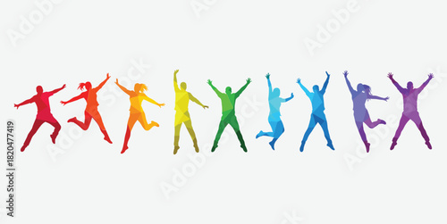 Diverse group of people jumping in rainbow colors with geometric patterns diversity