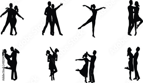 Eight Black Silhouettes of Couples Dancing and Posing on White Background dance