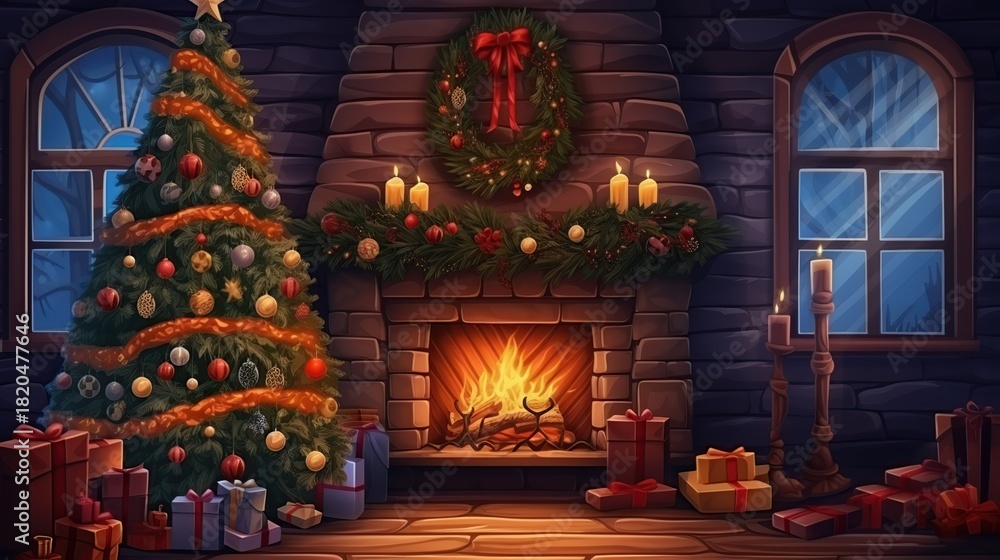 Fototapeta premium Cozy Christmas Eve Scene with a Decorated Tree and Roaring Fireplace