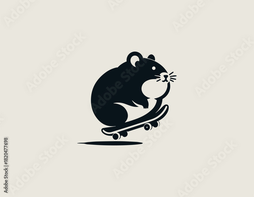 plump black rodent character energetically skateboarding with a joyful expression and a simple line art design.