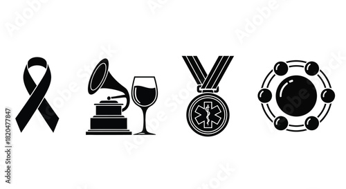 Stock vector illustration of ribbon gramophone wine medal and molecule
