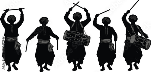 Five silhouetted figures in traditional clothing playing drums and sticks five people