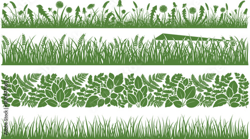 Four horizontal green silhouette borders of grass dandelions wheat and fern leaves