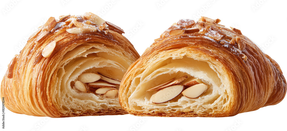 Fototapeta premium Golden, flaky croissant split in half, revealing almond filling