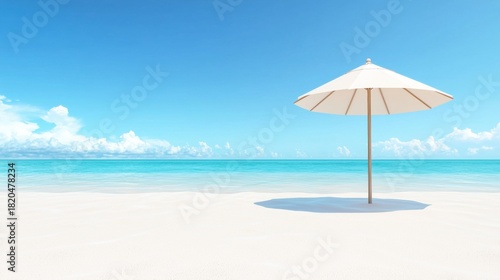 Fototapeta Naklejka Na Ścianę i Meble -  seasonal Summer Beach Scene White sandy beach with turquoise water and beach umbrellas, creating a tranquil and inviting tropical paradise.
