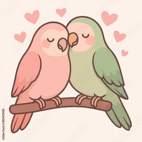 Cute Cartoon Lovebirds Illustration – Pink and Green Birds on Branch with Hearts in Whimsical Valentine Scene