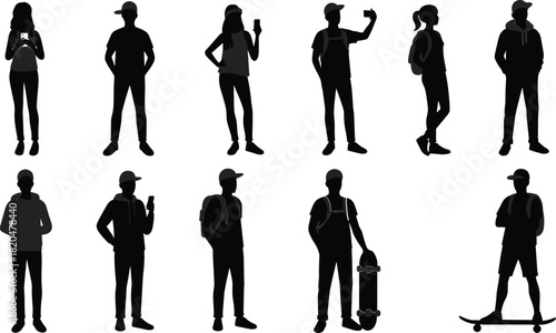 Silhouettes of diverse people in casual clothing using smartphones and skateboards
