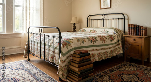 Vintage Metal Frame Bed with Floral Quilt and Stack of Books.