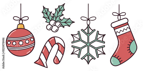 Festive christmas ornaments hanging with a red ball and candy cane design