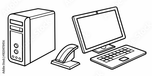 Computer setup with monitor keyboard mouse and tower in line art