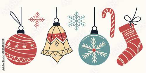 Colorful christmas ornaments and stocking for holiday season decoration