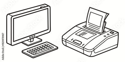 Computer and printer illustration in black and white office equipment