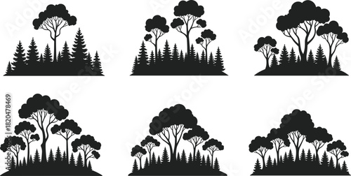 Six black silhouette forest landscapes with varied tree clusters trees nature