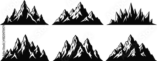 Six black and white mountain range silhouettes with sharp peaks and jagged edges