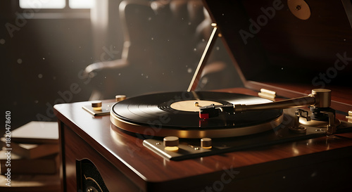 Vintage Record Player with Vinyl Disc in a Warmly Lit Room.