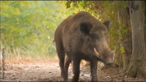 Wild boar walking along a forest path sunlight and green foliage