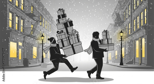 Two silhouetted figures carrying a massive pile of wrapped Christmas gifts.