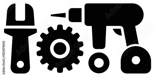 Wrench gear and drill represent repair maintenance and construction work