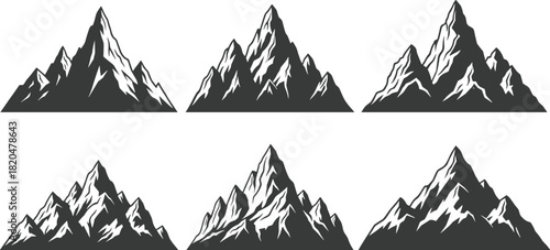 Six stylized dark gray mountain range silhouettes with sharp peaks and snowy accents on white background