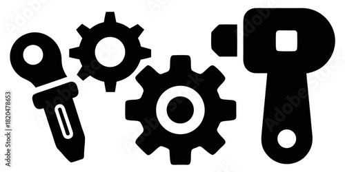 Black and white illustration of gears and tools representing mechanics