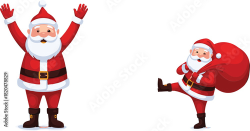 Two cartoon Santa Clauses one with arms raised the other carrying a gift sack Christmas
