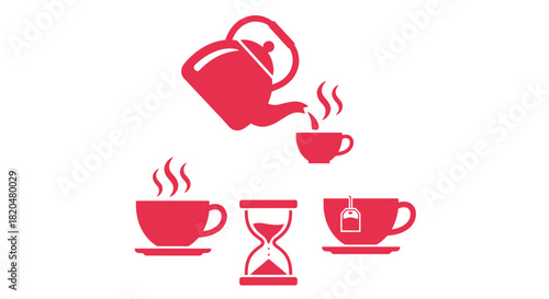 Tea making illustration with teapot cup and timer for tea time concept