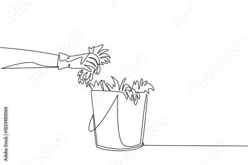 Single line drawing of a gloved human hand placing pulled weeds into a bucket, nature concept for yard care, themed for National Weed Your Garden Day to promote clean beds and responsible disposal.