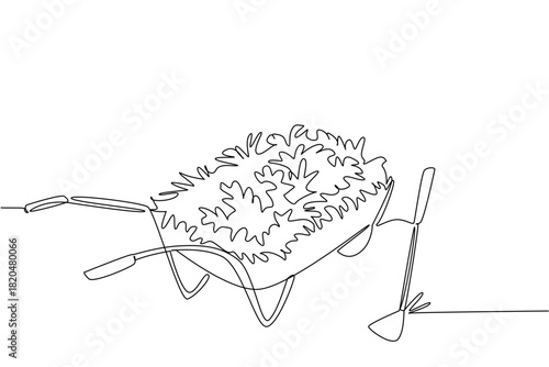 Continuous line draw of a wheelbarrow loaded with pulled weeds and a hoe leaning nearby, nature concept for garden maintenance, themed for National Weed Your Garden Day promoting seasonal yard cleanup