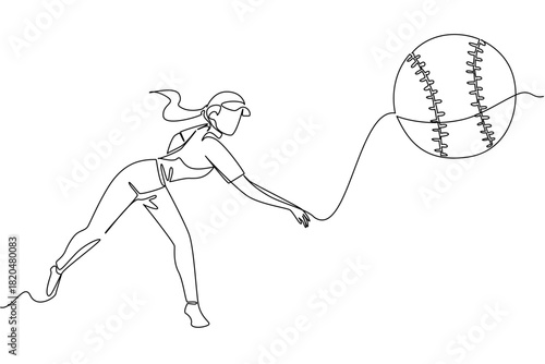 Continuous line drawing of a woman pitcher lunging to throw release a softball, sports concept for athletic competition, for World Softball Day honoring leagues, tournaments, coaches, and global fans