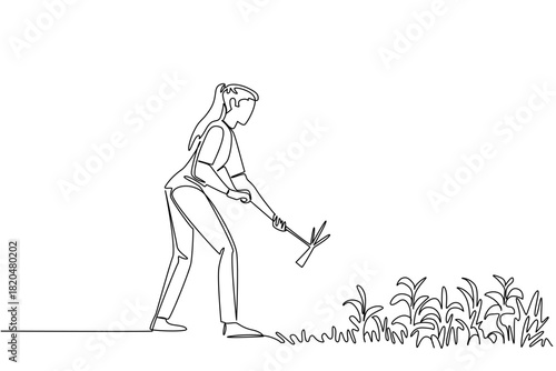 Continuous line drawing of a woman using a hoe to clear weeds from a garden bed, nature concept for home gardening, themed for National Weed Your Garden Day encouraging routine yard maintenance.