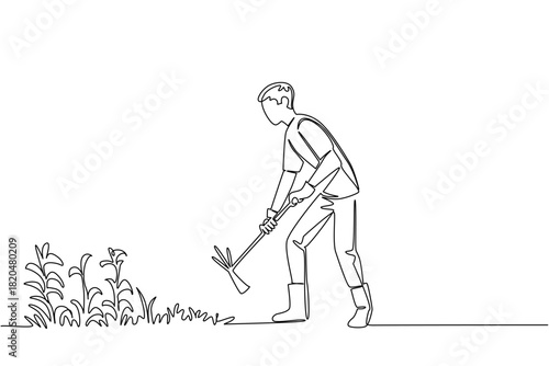 One line drawing of a man hoeing weeds from a garden bed, nature concept for lawn and landscape care, themed for National Weed Your Garden Day highlighting routine outdoor maintenance and tidy yards.