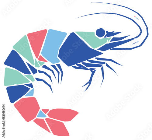 Colorful Geometric Shrimp Illustration with Mosaic Segments on White Background