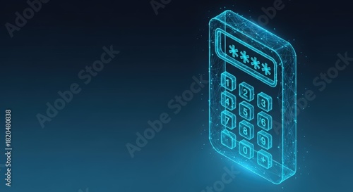 Digital security keypad displaying asterisks for password entry with glowing blue wireframe effect on dark background