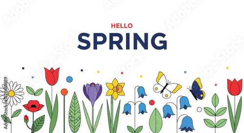 Hello spring floral design vector illustration with colorful flowers