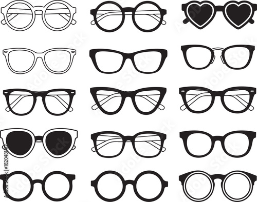 Eyeglasses Frames Vector Set. Various Style Sunglasses, Reading Glasses, and Spectacles.