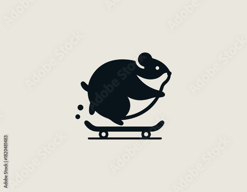 plump black rodent character energetically skateboarding with a joyful expression and a simple line art design.