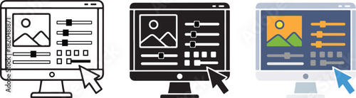 Digital Photo Video Editing Software Icon. Monitor Screen with Image and Sliders.